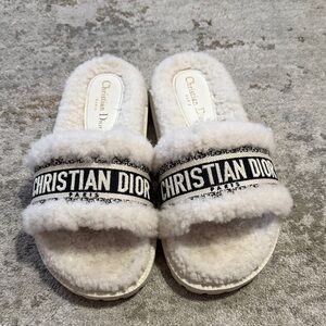 Dior White Fluffy Slippers